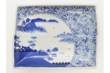 江戸期　大明成化年製　古伊万里　上手物　染付　花唐草　鍋島　約16cm　5.2寸　丁寧に線描で描かれた楼閣山水図が美しい変形皿5枚セット(なます皿、和食器、和皿、角皿、五寸二分)(R-078834)