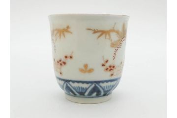 江戸期　古伊万里　金彩　松竹梅　染付　縁周りに施された石垣文が印象的なお猪口5客セット(蕎麦猪口、酒器、おちょこ、御猪口、湯呑み、湯のみ、お猪口、和食器)(R-078837)