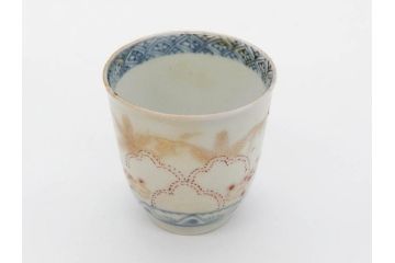 江戸期　古伊万里　金彩　松竹梅　染付　縁周りに施された石垣文が印象的なお猪口5客セット(蕎麦猪口、酒器、おちょこ、御猪口、湯呑み、湯のみ、お猪口、和食器)(R-078837)