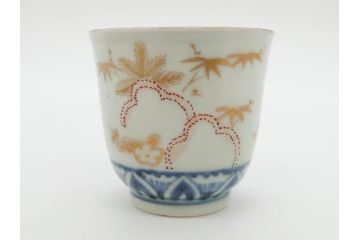 江戸期　古伊万里　金彩　松竹梅　染付　縁周りに施された石垣文が印象的なお猪口5客セット(蕎麦猪口、酒器、おちょこ、御猪口、湯呑み、湯のみ、お猪口、和食器)(R-078837)