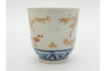 江戸期　古伊万里　金彩　松竹梅　染付　縁周りに施された石垣文が印象的なお猪口5客セット(蕎麦猪口、酒器、おちょこ、御猪口、湯呑み、湯のみ、お猪口、和食器)(R-078837)