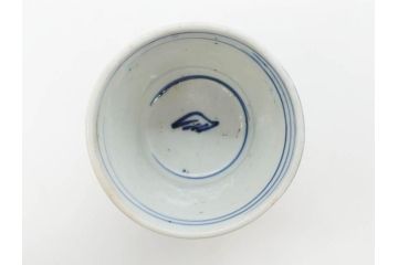 明治期　染付　矢羽根文　幾何学模様　岩波文　素朴なデザインが魅力のお猪口5客セット(蕎麦猪口、酒器、おちょこ、御猪口、湯呑み、湯のみ、和食器)(R-078838)