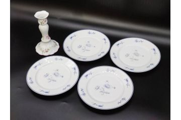 ビンテージ　フランス　LIMOGES(リモージュ)　GIRAUD(ジロー)　花柄がエレガントなプレート4枚&キャンドルスタンドセット(ヴィンテージ、フラワー、燭台、ろうそく立て、火立て、キャンドルスティック、蝋燭立て、皿、中皿、磁器、洋食器)(R-078839)