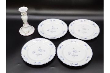 ビンテージ　フランス　LIMOGES(リモージュ)　GIRAUD(ジロー)　花柄がエレガントなプレート4枚&キャンドルスタンドセット(ヴィンテージ、フラワー、燭台、ろうそく立て、火立て、キャンドルスティック、蝋燭立て、皿、中皿、磁器、洋食器)(R-078839)