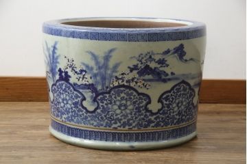 アンティーク雑貨　昭和初期　山水・風景の図　和の風情を感じる瀬戸火鉢(鉢カバー、傘立て)(R-078844)
