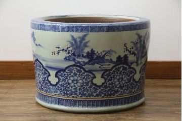 アンティーク雑貨　昭和初期　山水・風景の図　和の風情を感じる瀬戸火鉢(鉢カバー、傘立て)(R-078844)
