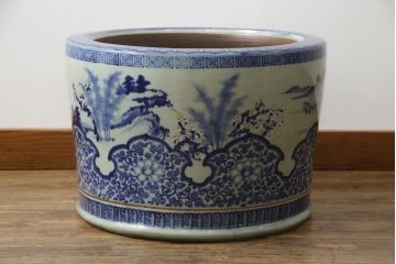 アンティーク雑貨　昭和初期　山水・風景の図　和の風情を感じる瀬戸火鉢(鉢カバー、傘立て)(R-078844)