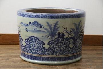 アンティーク雑貨　昭和初期　山水・風景の図　和の風情を感じる瀬戸火鉢(鉢カバー、傘立て)(R-078844)