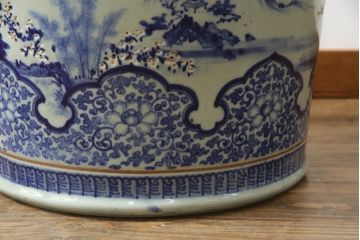 アンティーク雑貨　昭和初期　山水・風景の図　和の風情を感じる瀬戸火鉢(鉢カバー、傘立て)(R-078844)