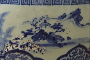 アンティーク雑貨　昭和初期　山水・風景の図　和の風情を感じる瀬戸火鉢(鉢カバー、傘立て)(R-078844)
