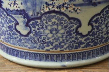 アンティーク雑貨　昭和初期　山水・風景の図　和の風情を感じる瀬戸火鉢(鉢カバー、傘立て)(R-078844)