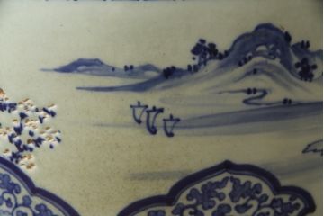 アンティーク雑貨　昭和初期　山水・風景の図　和の風情を感じる瀬戸火鉢(鉢カバー、傘立て)(R-078844)