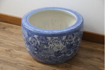 和製アンティーク　明治〜大正期　大型!!　菊の図　繊細な図柄が美しい瀬戸火鉢(鉢カバー、傘立て)(R-078848)