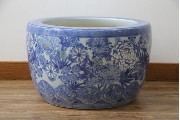 和製アンティーク　明治〜大正期　大型!!　菊の図　繊細な図柄が美しい瀬戸火鉢(鉢カバー、傘立て)(R-078848)