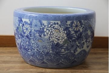 和製アンティーク　明治〜大正期　大型!!　菊の図　繊細な図柄が美しい瀬戸火鉢(鉢カバー、傘立て)(R-078848)