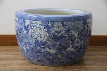 和製アンティーク　明治〜大正期　大型!!　菊の図　繊細な図柄が美しい瀬戸火鉢(鉢カバー、傘立て)(R-078848)