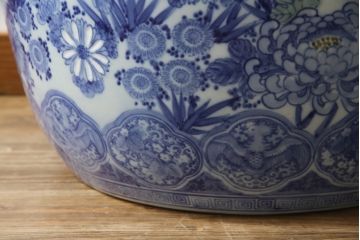 和製アンティーク　明治〜大正期　大型!!　菊の図　繊細な図柄が美しい瀬戸火鉢(鉢カバー、傘立て)(R-078848)