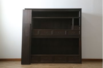 和製アンティーク　前面欅(ケヤキ)材　赤松材　変わりデザインの北陸水屋箪笥(キャビネット、食器棚、収納棚、戸棚、重ね箪笥、上下バラ売り可能)(R-078850)