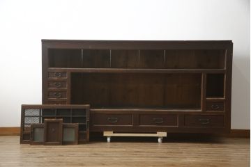 和製アンティーク　前面欅(ケヤキ)材　赤松材　変わりデザインの北陸水屋箪笥サイドボード(収納棚、戸棚、食器棚、サイドキャビネット)(R-078851)