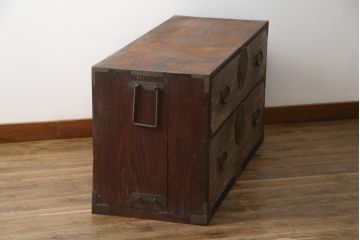 和製アンティーク　上杢!!　前面欅(ケヤキ)材　金具遣いが上品で風情のある相馬箪笥ローボード(仙台箪笥、時代箪笥、和たんす、衣装箪笥、引き出し、サイドボード、テレビ台、サイドチェスト)(R-078867)