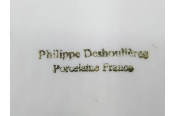 ビンテージ　フランス　Philippe Deshoulieres(フィリップデズリエ)　LIMOGES(リモージュ)　側面に施されたフルーツの模様が可愛らしいグラタン皿6枚セット(ヴィンテージ、果物、いちご、葡萄、洋ナシ、白磁、プレート、中皿、深皿、洋食器)(R-078885)