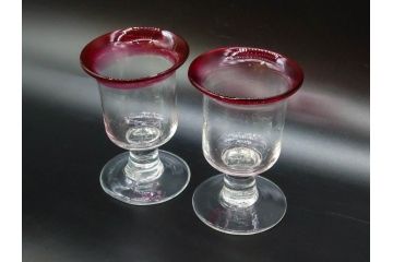 大正〜昭和初期　当時物　レトロな雰囲気が可愛らしい赤縁氷コップ2客セット(グラス、吹きガラス、和ガラス、硝子)(R-078887)