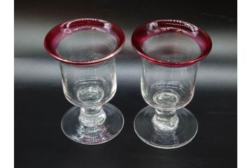 大正〜昭和初期　当時物　縁の色合いがアクセントの赤縁氷コップ2客セット(グラス、吹きガラス、和ガラス、硝子)(R-078888)