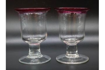 大正〜昭和初期　当時物　縁の色合いがアクセントの赤縁氷コップ2客セット(グラス、吹きガラス、和ガラス、硝子)(R-078888)