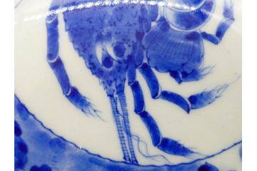 明治期　伊万里　染付　輪花型　約38cm　1尺2寸　丹念に絵付けされた花鳥や海老の図が見事な大皿(尺皿、陶器、エビ、海老、えび、風景、花鳥図、山水図、和食器、和皿、一尺二寸)(R-078890)