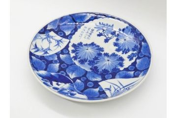 明治期　伊万里　染付　窓絵　約40cm　1尺3寸　草花文が美しい大皿(菊?、陶器、尺皿、風景、和食器、和皿、一尺三寸)(R-078891)