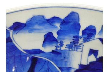 明治期　伊万里　染付　窓絵　約40cm　1尺3寸　草花文が美しい大皿(菊?、陶器、尺皿、風景、和食器、和皿、一尺三寸)(R-078891)