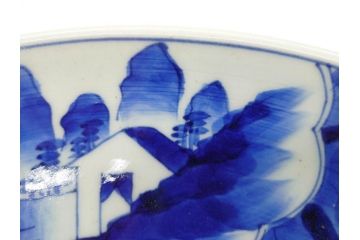 明治期　伊万里　染付　窓絵　約40cm　1尺3寸　草花文が美しい大皿(菊?、陶器、尺皿、風景、和食器、和皿、一尺三寸)(R-078891)