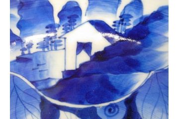 明治期　伊万里　染付　窓絵　約40cm　1尺3寸　草花文が美しい大皿(菊?、陶器、尺皿、風景、和食器、和皿、一尺三寸)(R-078891)