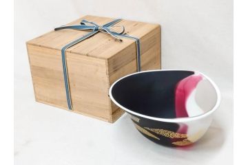ガラス工芸家 藤田喬平　優美なフォルムに見惚れる三彩鉢(手吹き、ガラス鉢、金彩、器、深皿、Glass Dream、がらす どりーむ、作家物、共箱付き、和食器、和皿)(R-078893)