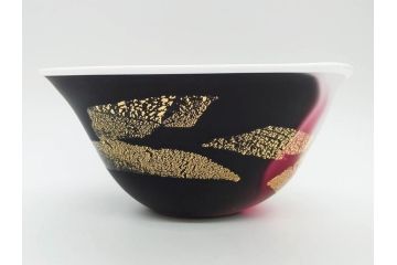 ガラス工芸家 藤田喬平　優美なフォルムに見惚れる三彩鉢(手吹き、ガラス鉢、金彩、器、深皿、Glass Dream、がらす どりーむ、作家物、共箱付き、和食器、和皿)(R-078893)