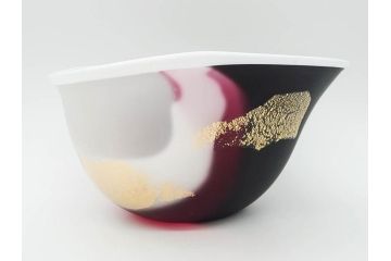 ガラス工芸家 藤田喬平　優美なフォルムに見惚れる三彩鉢(手吹き、ガラス鉢、金彩、器、深皿、Glass Dream、がらす どりーむ、作家物、共箱付き、和食器、和皿)(R-078893)
