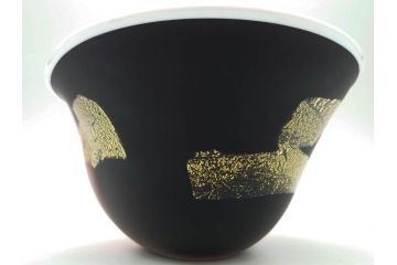 ガラス工芸家 藤田喬平　優美なフォルムに見惚れる三彩鉢(手吹き、ガラス鉢、金彩、器、深皿、Glass Dream、がらす どりーむ、作家物、共箱付き、和食器、和皿)(R-078893)