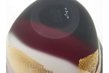 ガラス工芸家 藤田喬平　優美なフォルムに見惚れる三彩鉢(手吹き、ガラス鉢、金彩、器、深皿、Glass Dream、がらす どりーむ、作家物、共箱付き、和食器、和皿)(R-078893)