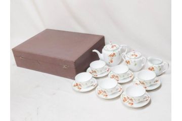 オールドノリタケ　NORITAKE　ヤジロベー印　くつろぎの一時を楽しめるティーセット(ティーポット、クリーマー、シュガーポット、C&S6客、ティーカップ&ソーサー、柿、日本陶器會社、果物、洋食器、箱付き)(R-078895)