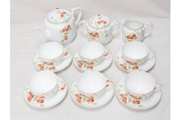 オールドノリタケ　NORITAKE　ヤジロベー印　くつろぎの一時を楽しめるティーセット(ティーポット、クリーマー、シュガーポット、C&S6客、ティーカップ&ソーサー、柿、日本陶器會社、果物、洋食器、箱付き)(R-078895)