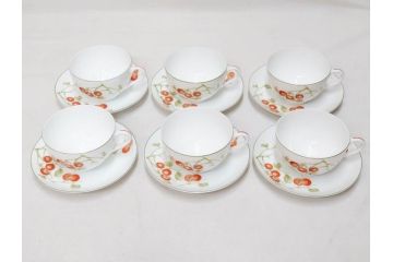 オールドノリタケ　NORITAKE　ヤジロベー印　くつろぎの一時を楽しめるティーセット(ティーポット、クリーマー、シュガーポット、C&S6客、ティーカップ&ソーサー、柿、日本陶器會社、果物、洋食器、箱付き)(R-078895)