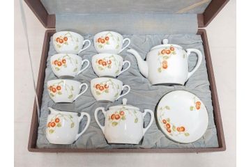 オールドノリタケ　NORITAKE　ヤジロベー印　くつろぎの一時を楽しめるティーセット(ティーポット、クリーマー、シュガーポット、C&S6客、ティーカップ&ソーサー、柿、日本陶器會社、果物、洋食器、箱付き)(R-078895)