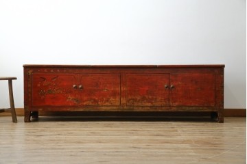 アジアンヴィンテージ!!　オリエンタルデザイン　中国美術　花鳥風月　異国情緒の雰囲気漂うローボード(ベンチ)　(R-078903)