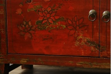 アジアンヴィンテージ!!　オリエンタルデザイン　中国美術　花鳥風月　異国情緒の雰囲気漂うローボード(ベンチ)　(R-078903)