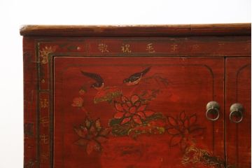 アジアンビンテージ!!　オリエンタルデザイン　中国美術　花鳥風月　異国情緒の雰囲気漂うローボード(サイドボード、李朝家具、収納棚、戸棚、ヴィンテージ)(R-078903)