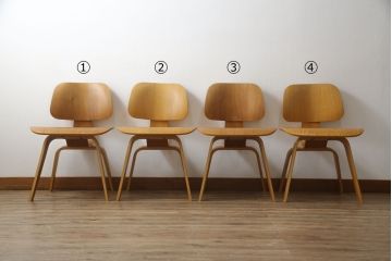 中古　Herman Miller(ハーマンミラー)　Eames「DCW」(Dining Chair Wood Base)　Charles&Ray Eames(チャールズ&レイ イームズ)　イームズプライウッドチェア4脚セット(板座チェア、ダイニングチェア、イス、椅子)(R-078904)