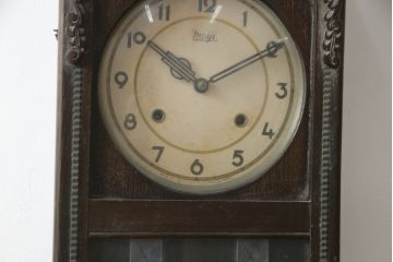 和製アンティーク　Meiji(明治時計社)　針と彫刻のデザインが素敵な振り子時計(柱時計、古時計、掛け時計)(R-078910)