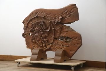 中古　総欅(ケヤキ)材　建仁寺　琳派　俵屋宗達筆の雷神を力強く彫り上げた衝立て(パーテーション、衝い立て、つい立て、間仕切り、ディスプレイ)(R-078926)