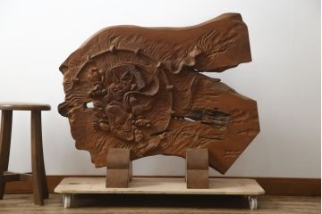 中古　総欅(ケヤキ)材　建仁寺　琳派　俵屋宗達筆の雷神を力強く彫り上げた衝立て(パーテーション、衝い立て、つい立て、間仕切り、ディスプレイ)(R-078926)
