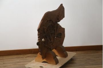 中古　総欅(ケヤキ)材　建仁寺　琳派　俵屋宗達筆の雷神を力強く彫り上げた衝立て(パーテーション、衝い立て、つい立て、間仕切り、ディスプレイ)(R-078926)